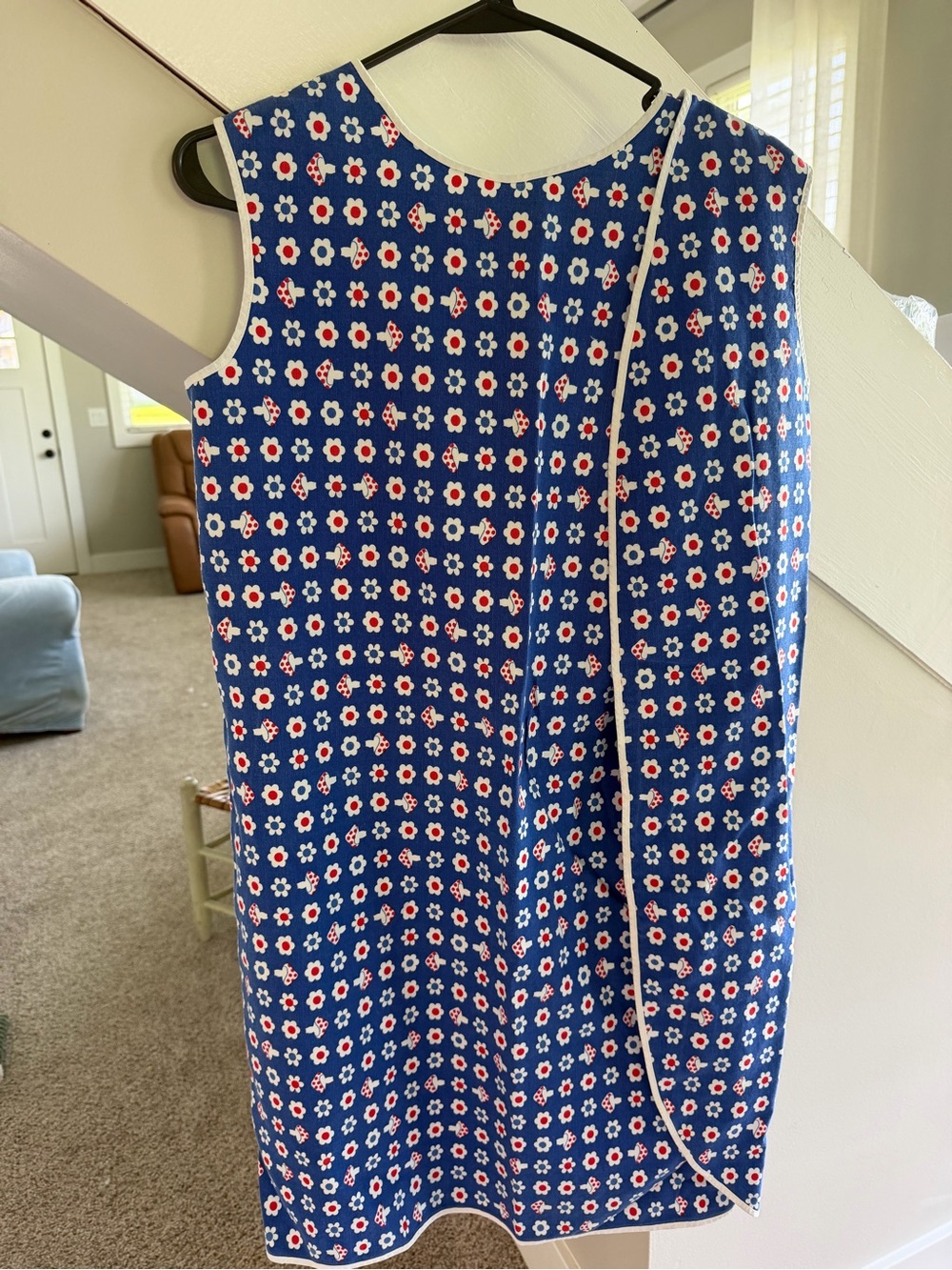 Vintage Sleeveless Blue Floral and Mushroom  Apron or Shift Dress